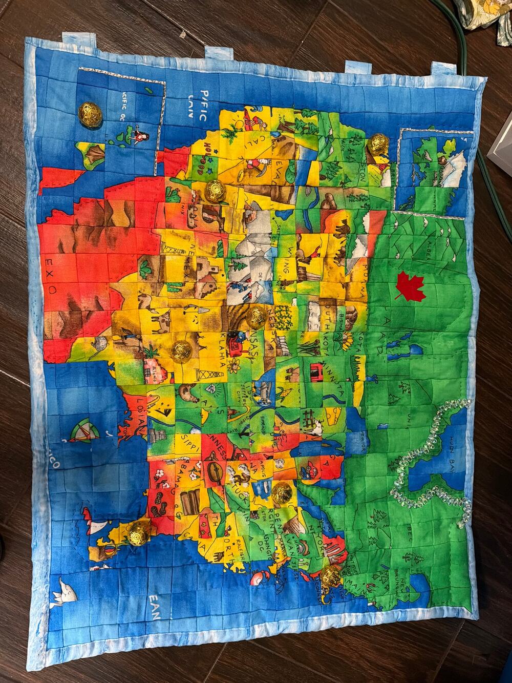 Vintage Handmade USA Map Quilt Wall Hanging Quilted United States Panel 80s 90s